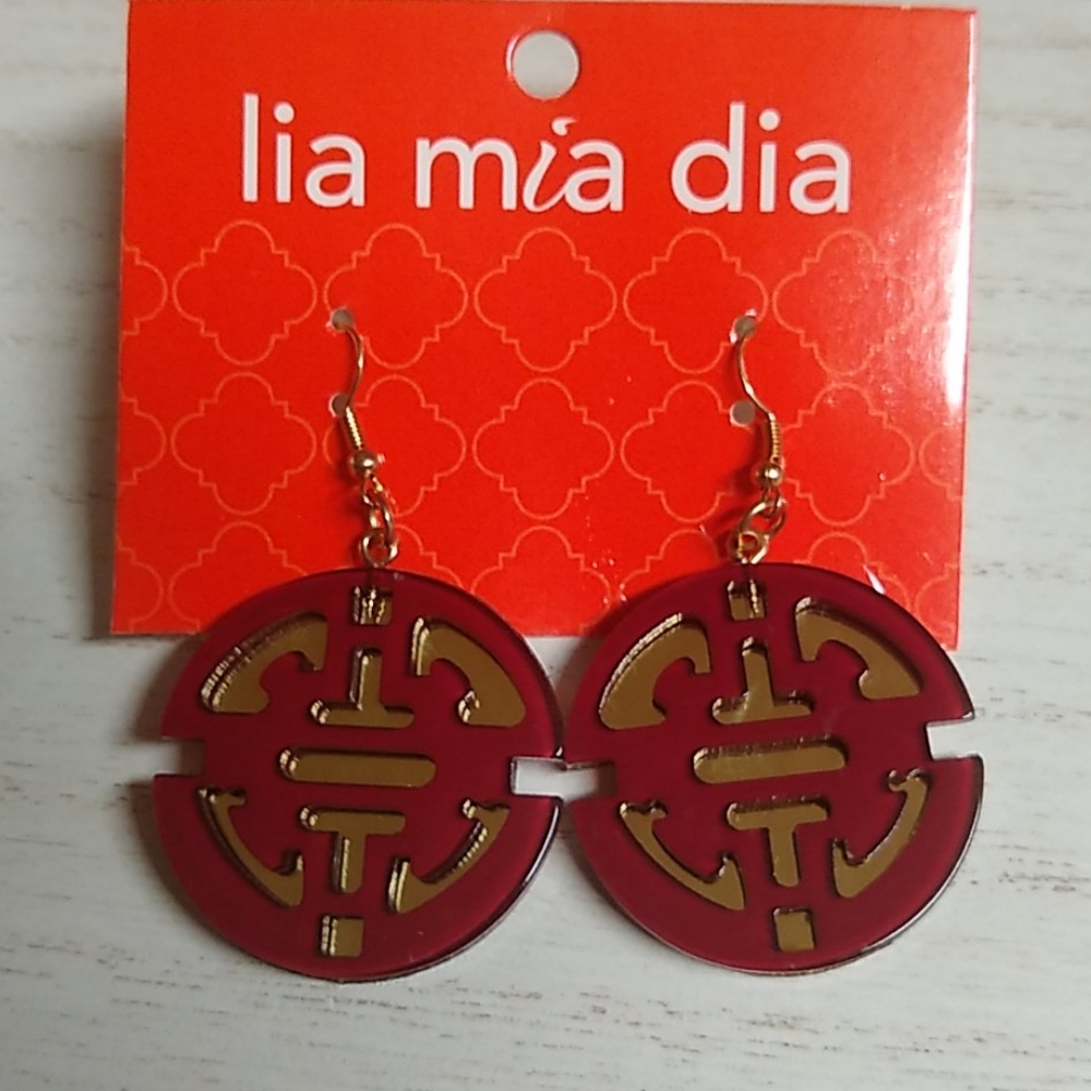 😻 3 For $15 Garnet & Gold Round Lucite Dangles